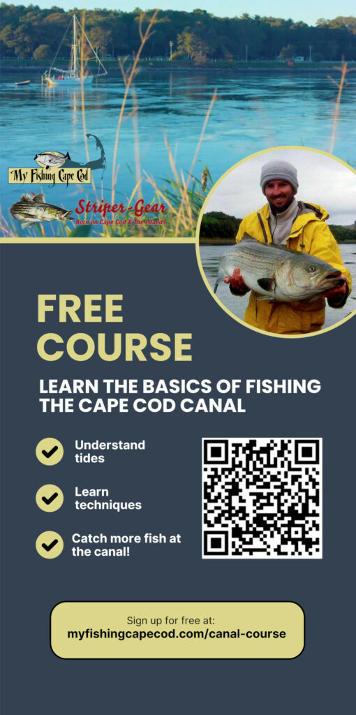 A banner for a free course on fishing the Cape Cod Canal hosted by My Fishing Cape Cod.