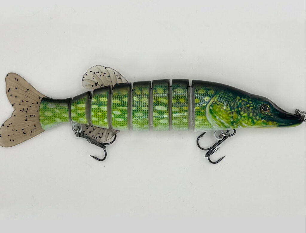 Jointed hard bait shaped as a pike fish for fresh water fishing.