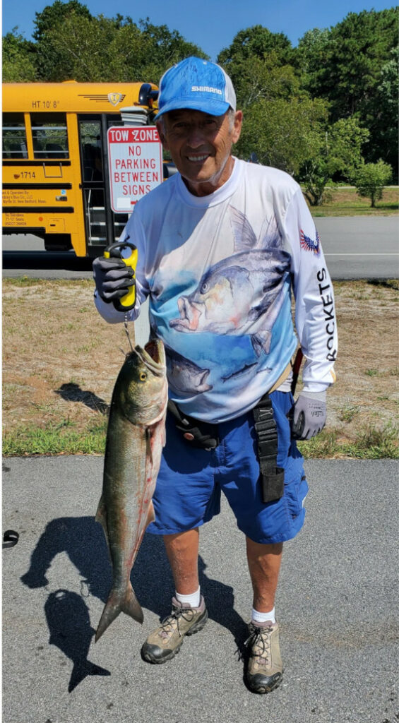 A large bluefish caught on a Rocket lure being held on a scale by the fisherman that caught it.